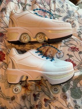 White Platform Roller Shoes with Blue Laces